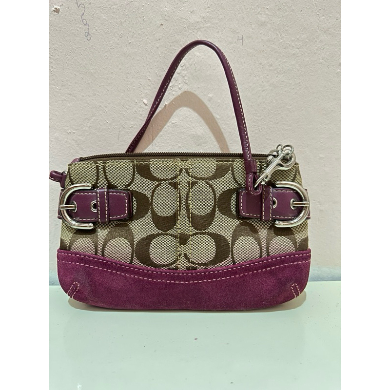 wrislet coc vintage pouch clutch coach signature soho jacquard canvas magenta suede wristlet