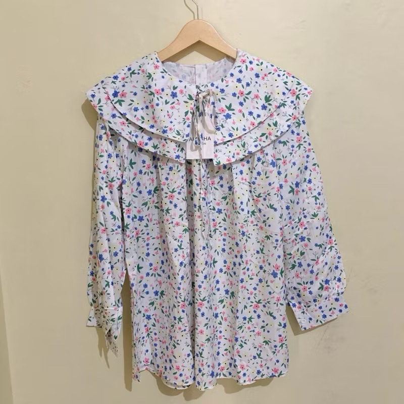 Blouse Bunga Timbul Import Bangkok BKK oversize Jumbo - Blouse Bunga Kerah Korean style - Blouse Bun