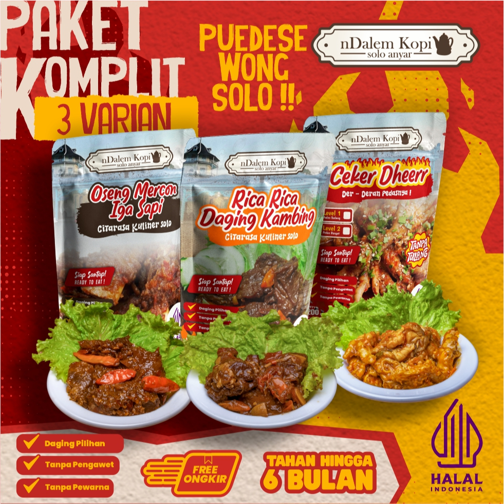 

Paket Komplit 3 Varian - Oseng Mercon Ceker Tanpa Tulang Pedas Siap Saji Iga Sapi Rica Rica Daging Kambing - nDalem Kopi