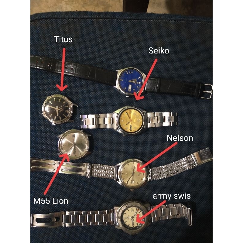 Seiko metic, Seiko m55 lion, army Swiss baterai, Titus manual, Nelson manual