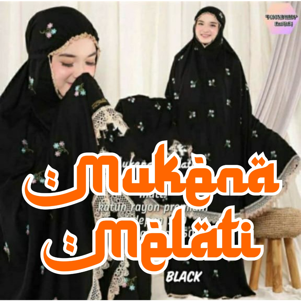 MUKENA MELATI. Mukena dengan motif bunga melati dengan warna dasar hitam.