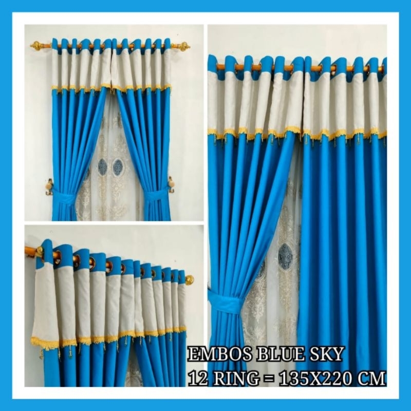 Gorden Renda Poni Warna Blue Sky (biru muda) 12 Ring Desain Mewah | Gorden Tinggi 120, 220 , 240