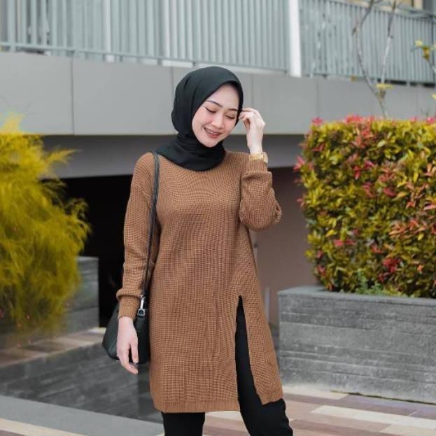 KAHFI HR Sweater Tunik Slit Rajut Belah Pinggir Samping
