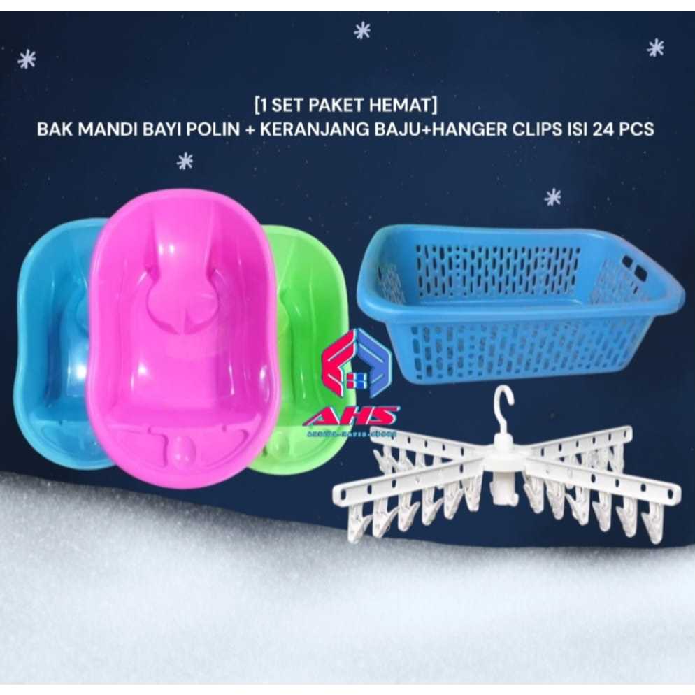 (Paket Hemat 3 Barang) Bak Mandi Bayi + Gantungan Jepit 24 Clips + Keranjang Baju Paket Murah Mandi 