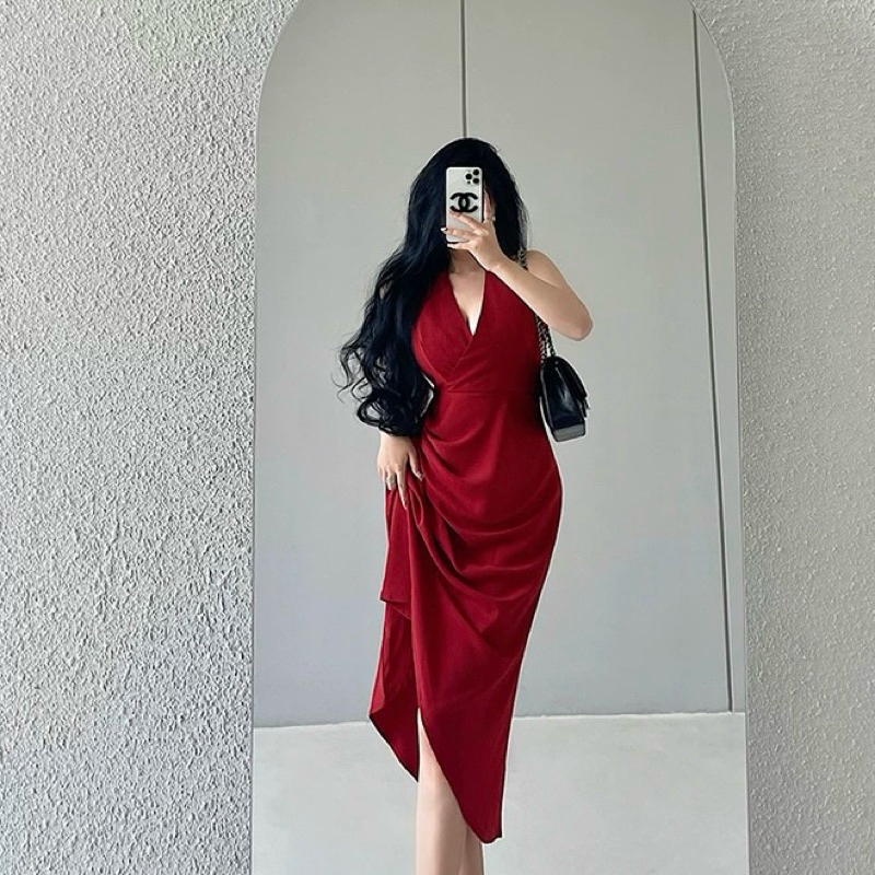 Glamonaa Nabie V Neck Red Party Elegant Halter Dress