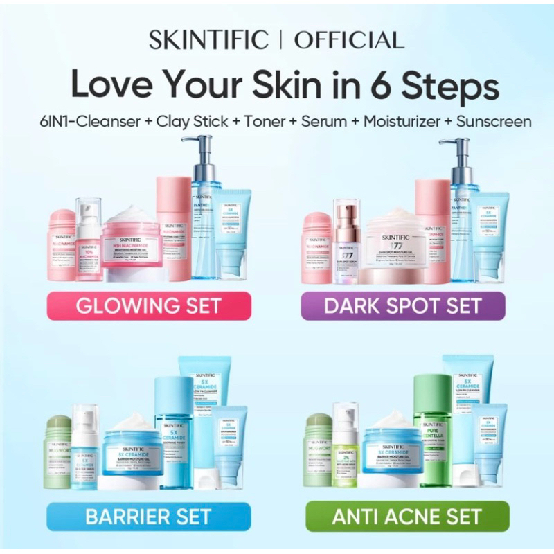 Skintific 6 pcs paket skincare set serum mosturizer gel toner sunscreen