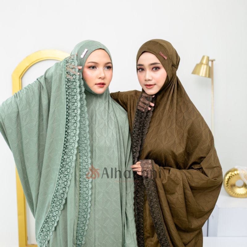 Mukena Jersey Jumbo Renda Mewah Dagu Tertutup Haura