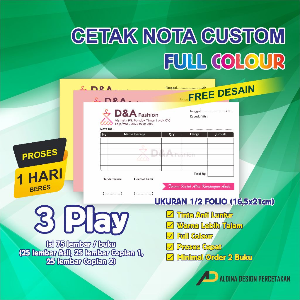 

Nota Custom murah, berkualitas, Satuan, Ukuran 1/2 Folio 3 Rangkap, Bahan NCR (Tembus Ke Bawah) Free Desain, desain suka-suka, tinta tidak luntur.