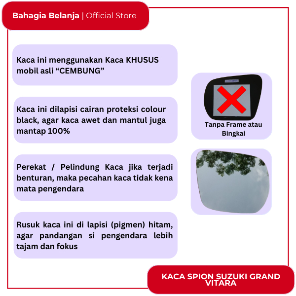 Kaca Spion Grand Vitara 2.0, Hanya Kaca Tanpa Frame/Breket Kaca Spion Sepion Grand Vitara 2.0 2006 2