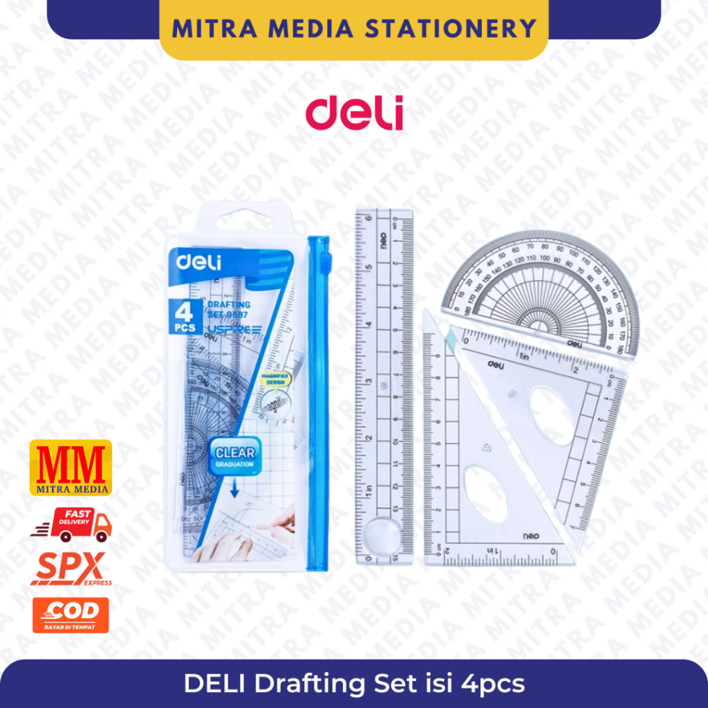 

Deli Penggaris Set Persegi Busur Derajat 4pcs Drafting E9597 9597