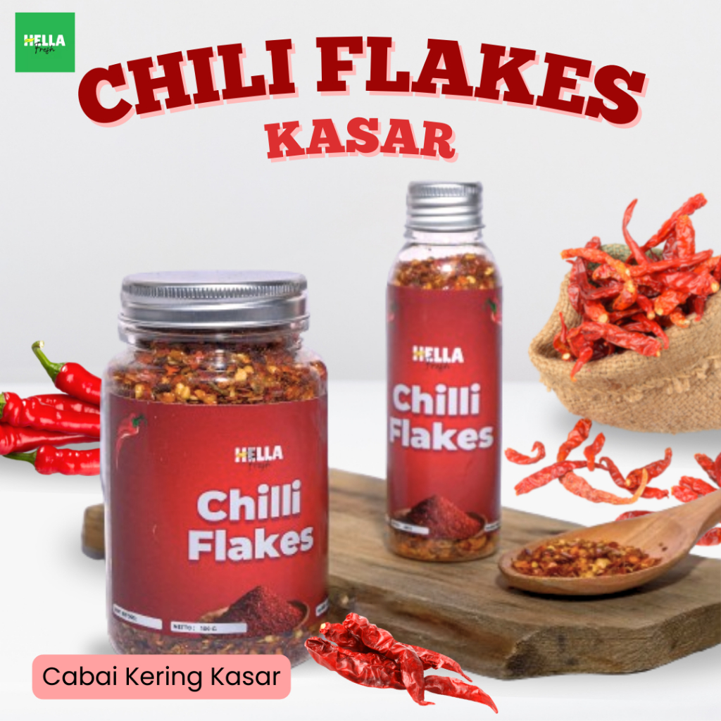 

Hella Fresh Chilli Flakes 40gr 100gr Premium / Cabe Kering Kasar / Bubuk Cabe Giling Kasar Non MSG