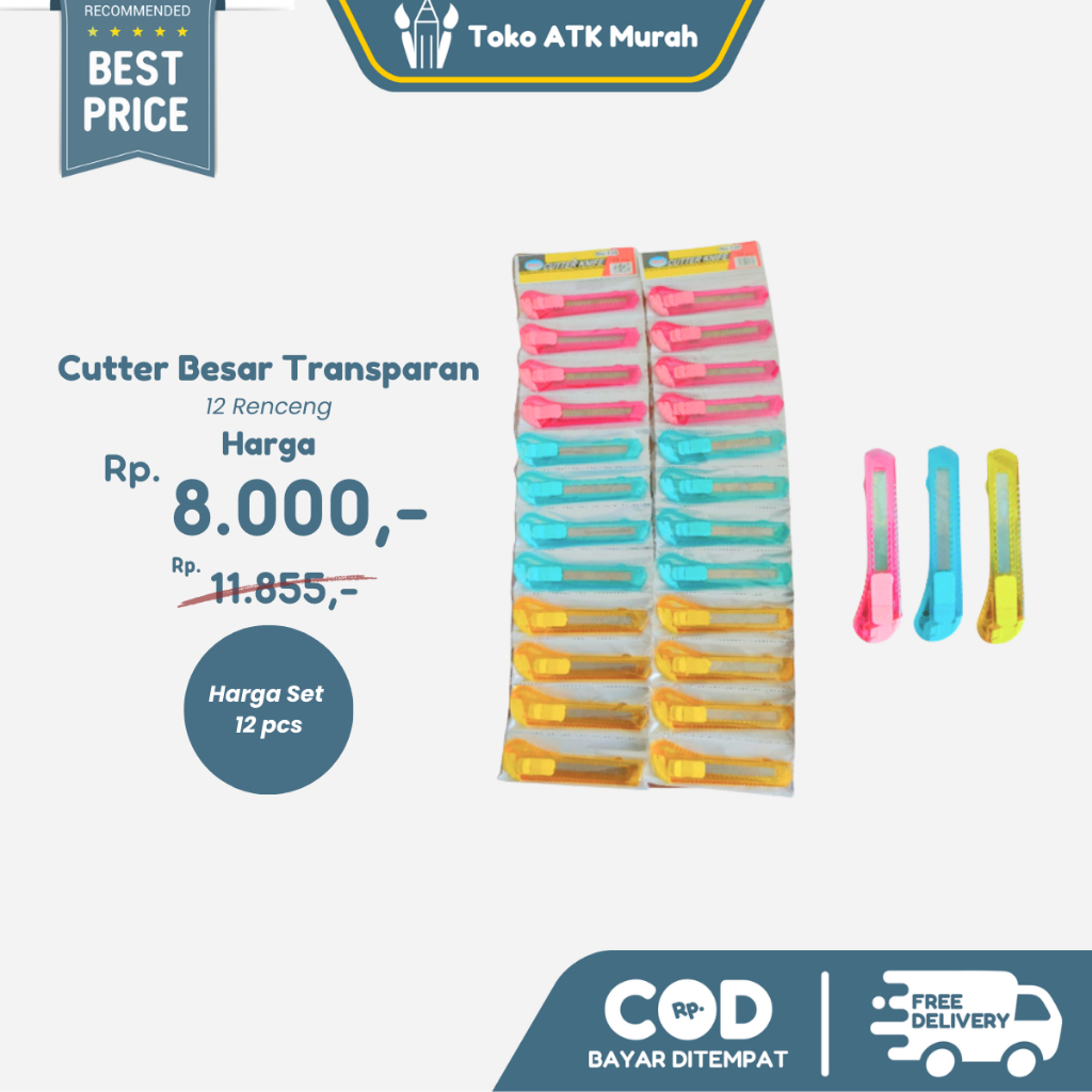 

12 PCS Cutter Besar Renceng Transparant Warna Warni / Alat Pemotong