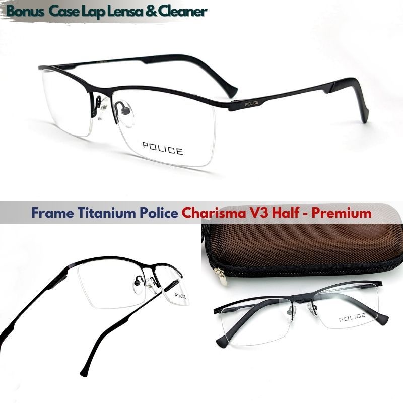 Frame Kacamata Pria Half Titanium Police Charisma V3 L059 Square Lensa Minus Plus Progresif Bluecrom