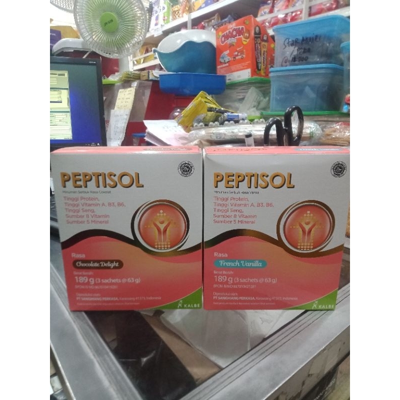 

PEPTISOL VANILA (Kemasan Baru),PEPTISOL COKELAT(Kemasan Baru) berat 189 gr isi 3 sachets @63gr