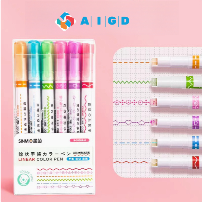 

[COD] Spidol Warna Warni Spidol Garis Motif 1 Set 6 PCS Aesthetic Lucu Pulpen Roller pen Alat Tulis