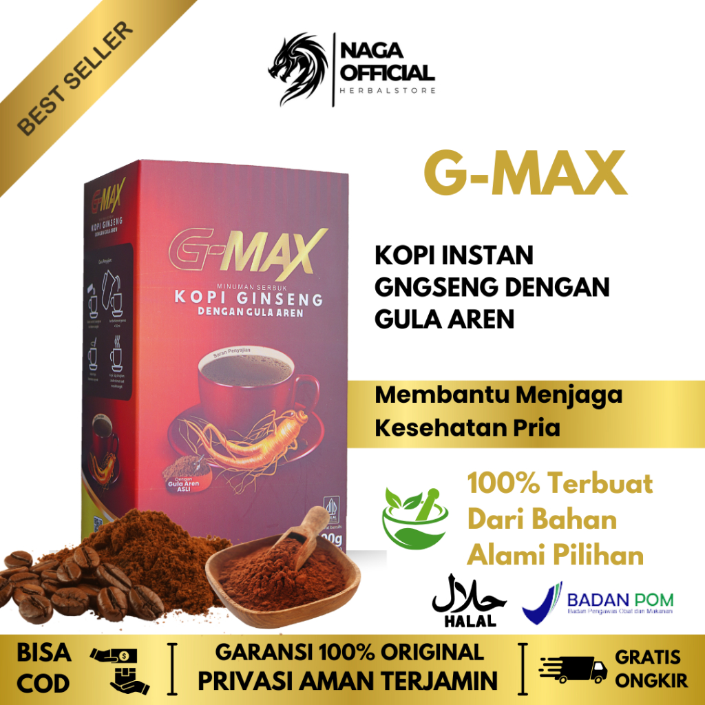 

Kopi Bubuk G max Minuman Kopi Stamina Pria Ekstra Gingseng Kemasan Instan 1 BOX 10 SACHET - Coffe Instan Bubuk Dengan Gula Aren