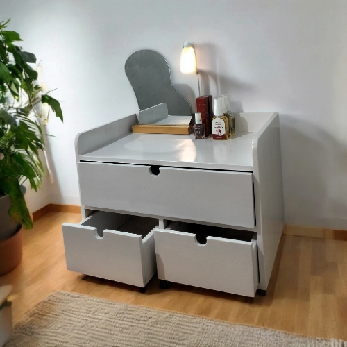 Rak Kosmetik 3 Laci Putih – Organizer Meja Aesthetic Kayu Jati Belanda Halus / Rak Aesthetic Serbagu