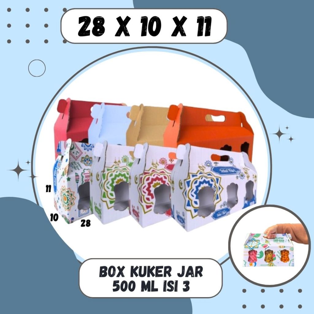 

Box Kue Kering 28x10x11 Jinjing (KUKER TOPLES JAR 500ml ISI 3) Box Jinjing Kardus Lebaran Idul Fitri Hampers Polos/Motif