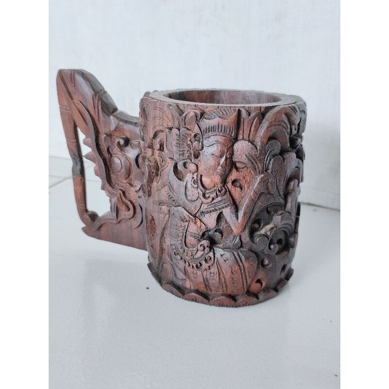 Patung Gelas kayu ukir antik pajangan hiasan ruangan vintage ukiran klasik