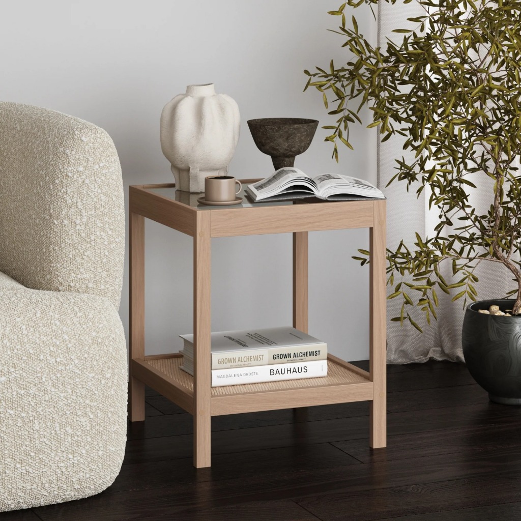 Meja Nakas MInimalis Rotan Daunan Kaca Bedside Kayu Jati
