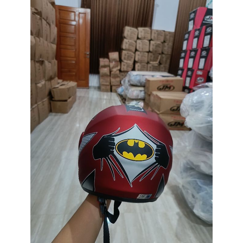 helm JM junior anak motif Batman merah doff usia 5-12th