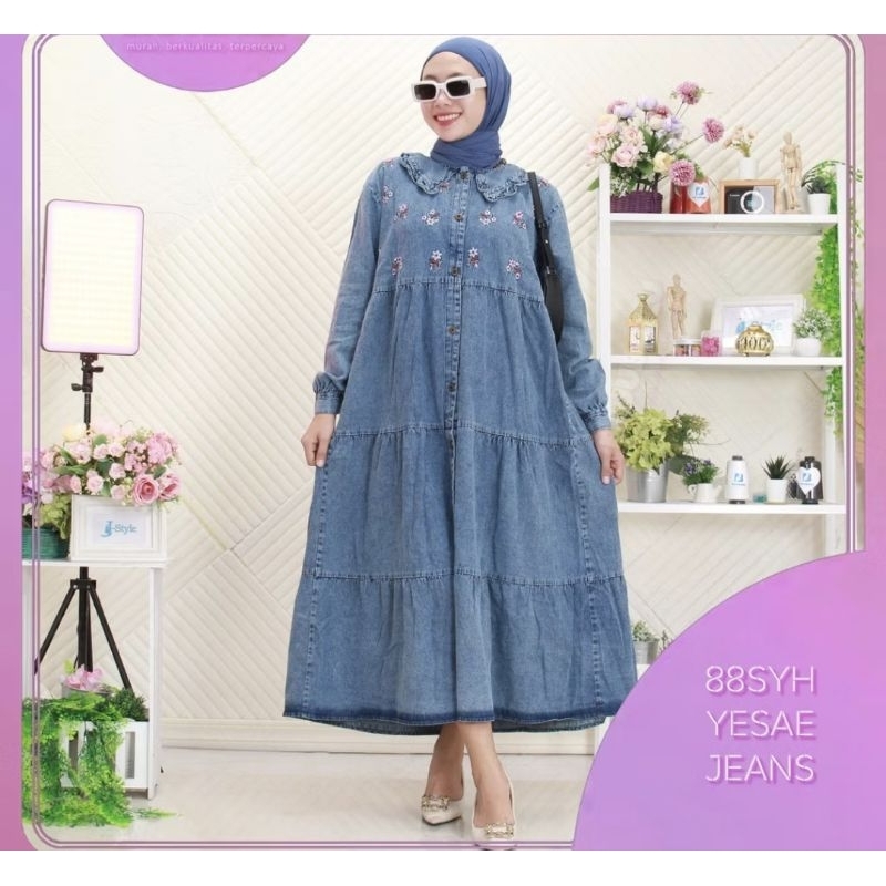 Midi jeans bordir bahan jeans tebal ori syahara