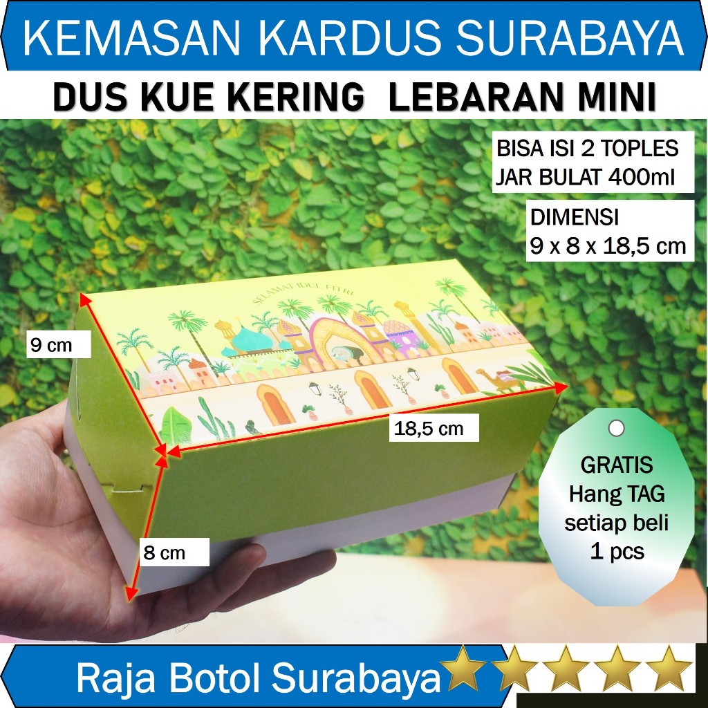 

Box Dus kotak Kue Lebaran 9 x 18,5 x 8 cm 2 jar toples 400ml 400gr idul Fitri kardus hampers kue kering hantaran roti pastry brownies bolu 9x8x18,5 free hang tag 400 gr ml