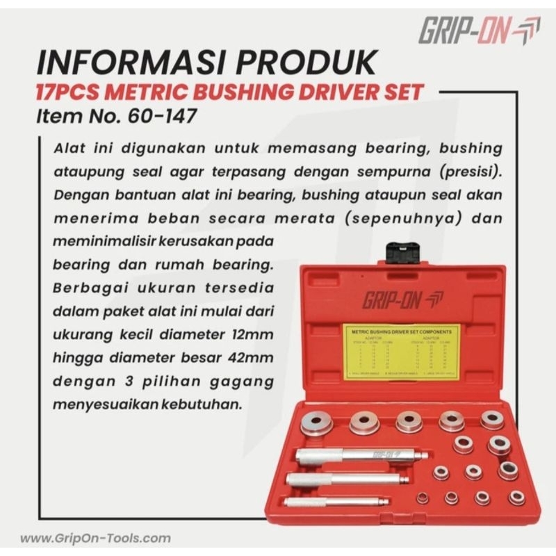 GRIP-ON 60-147 METRIC BUSHING DRIVER SET 17PCS LEPAS PASANG BUSHING SEAL set 17 pcs