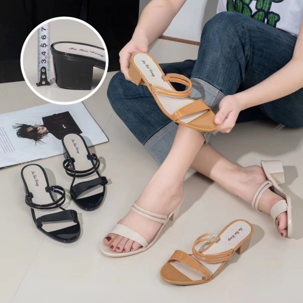 [FLD] Sandal Wanita Heels Import | Slop Wedges Jelly Shoes Hak Tahu 5 cm Double Stripe - Fu Lai Deng