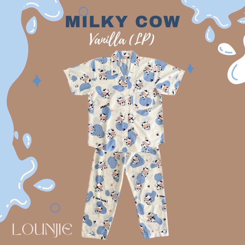 Piyama Wanita Dewasa Katun Motif Sapi Lucu - Baju Tidur Adem Remaha Warna Putih Biru / Krem