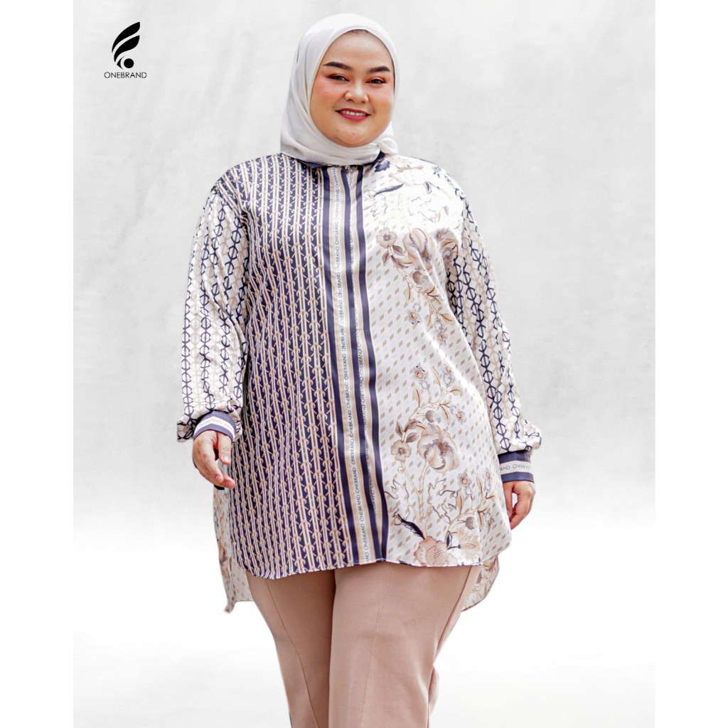 ONEBRAND Hijab Flower Green  Shirt Silk Bigsize | Kemeja Wanita Lengan Panjang Jumbo Silk Motif