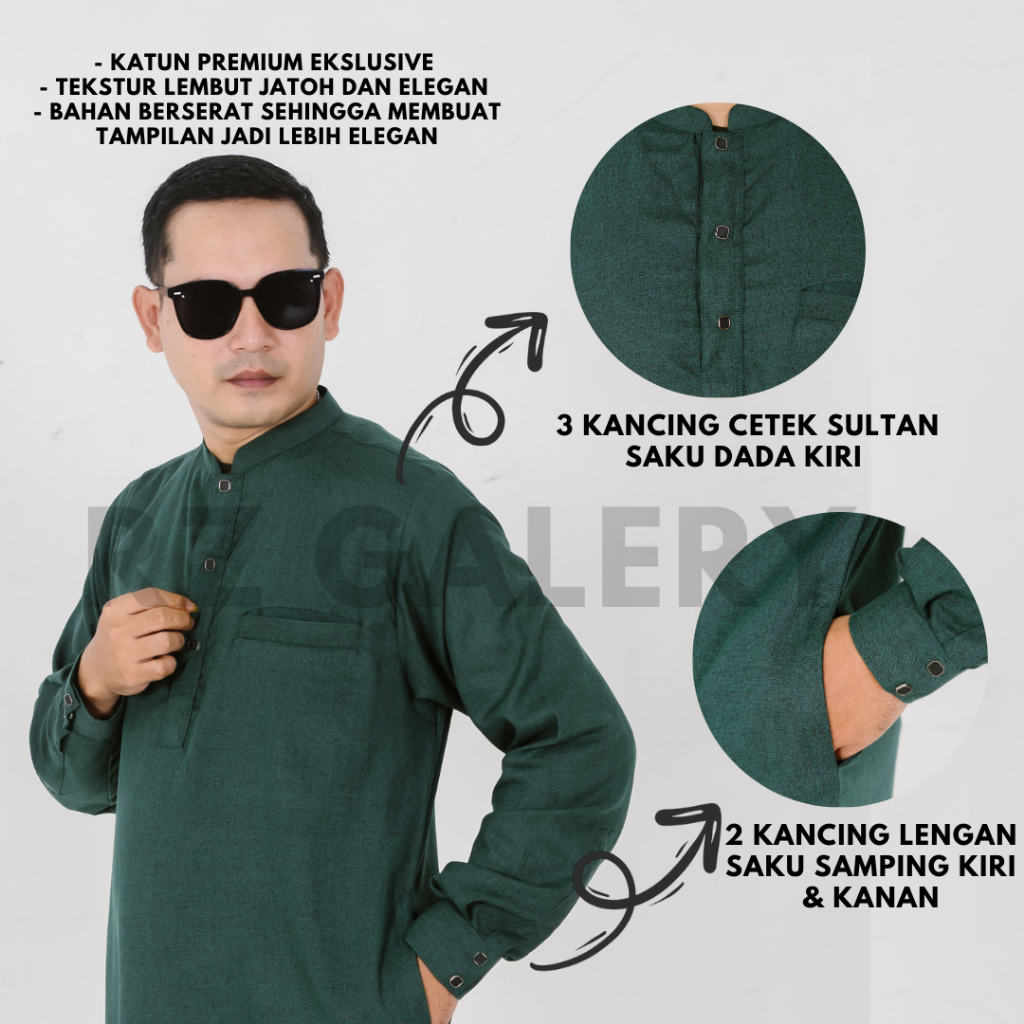 Jubah Pria Dewasa Lengan Panjang / Gamis Jubah Bahan Katun Premium Warna Hijau Botol/Hijau Army