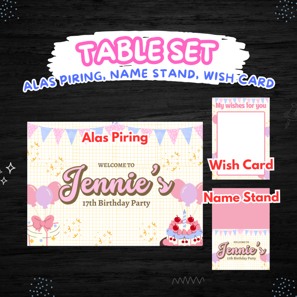 Table set aksesoris dekor meja alas meja name stand baby shower pink floral sweet seventeen birthday