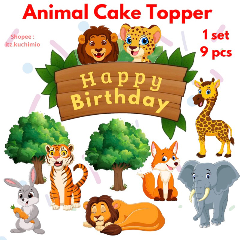 Kuchimio Cake Topper Animal forest custom toper ulang tahun happy birthday set 9 pcs