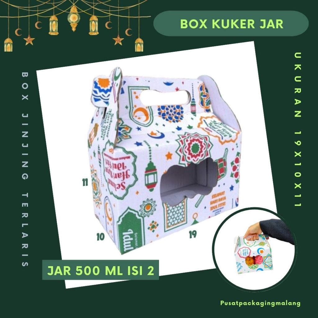 

Box Kuker 19x10x11 Jinjing (KUKER TOPLES JAR 500ml Isi 2) Kardus Kue Kering / Idul Fitri /Hampers / Lebaran / Gable Box Polos/Motif