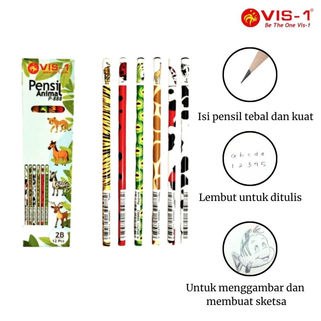 

VIS-1 - Pensil 2B P-888 motif Animal / Pensil Karakter / Pensil Lucu / Petelot