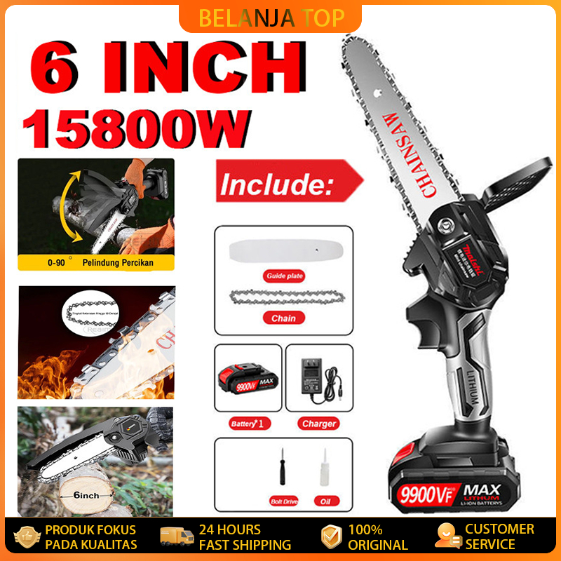 Gergaji rantai listrik 6 inci portabel, gergaji listrik Lithium dapat diisi ulang, gergaji mesin tam