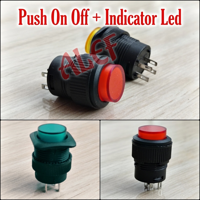 Tombol Push on off 4 pin kaki indikator merah kuning hijau saklar button 4pin