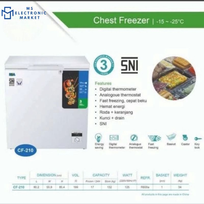 CHEST FREEZER RSA CF-210 KAPASITAS 200 LITER KULKAS PEMBEKU DAGING RSA(BEST SELLER)