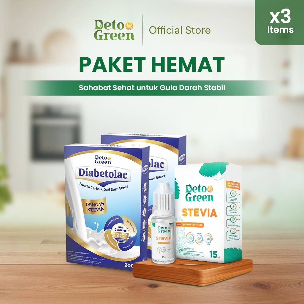 

[ GMV ] (BUNDLING) Diabetolac dan Detogreen Stevia Susu Kambing Etawa Stevia Cair Gula Tetes 3 PCS