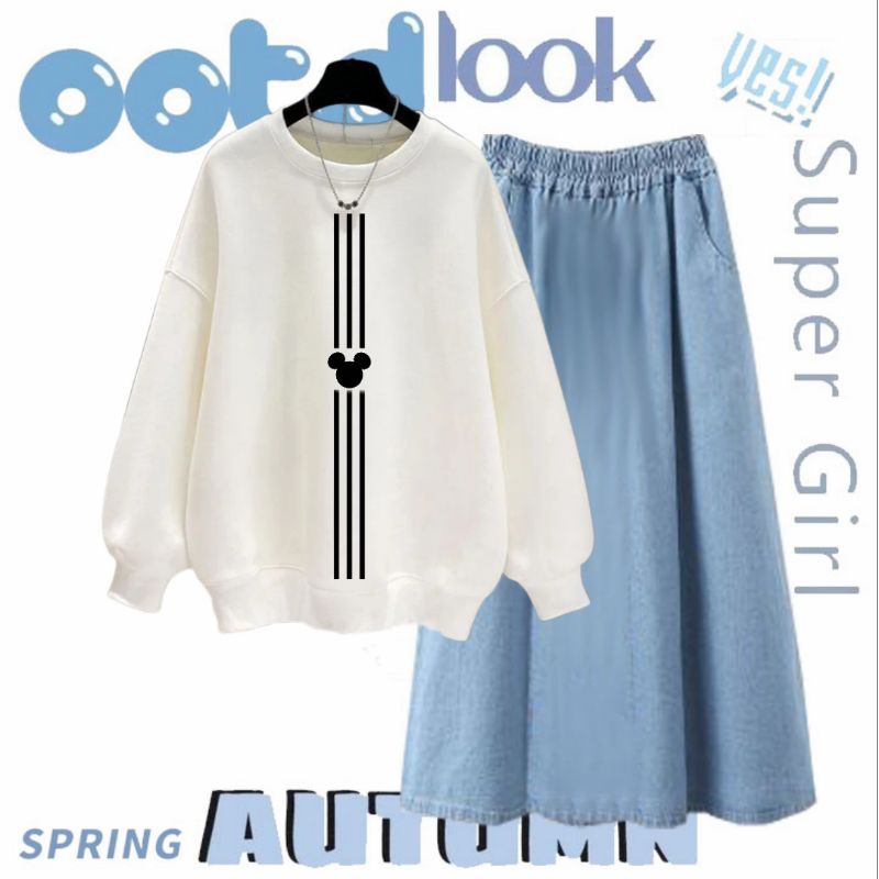 ONE SET REMAJA PEREMPUAN MICKEY LONG STRIPE ROK SOFT JEANS / CELANA PANJANG
