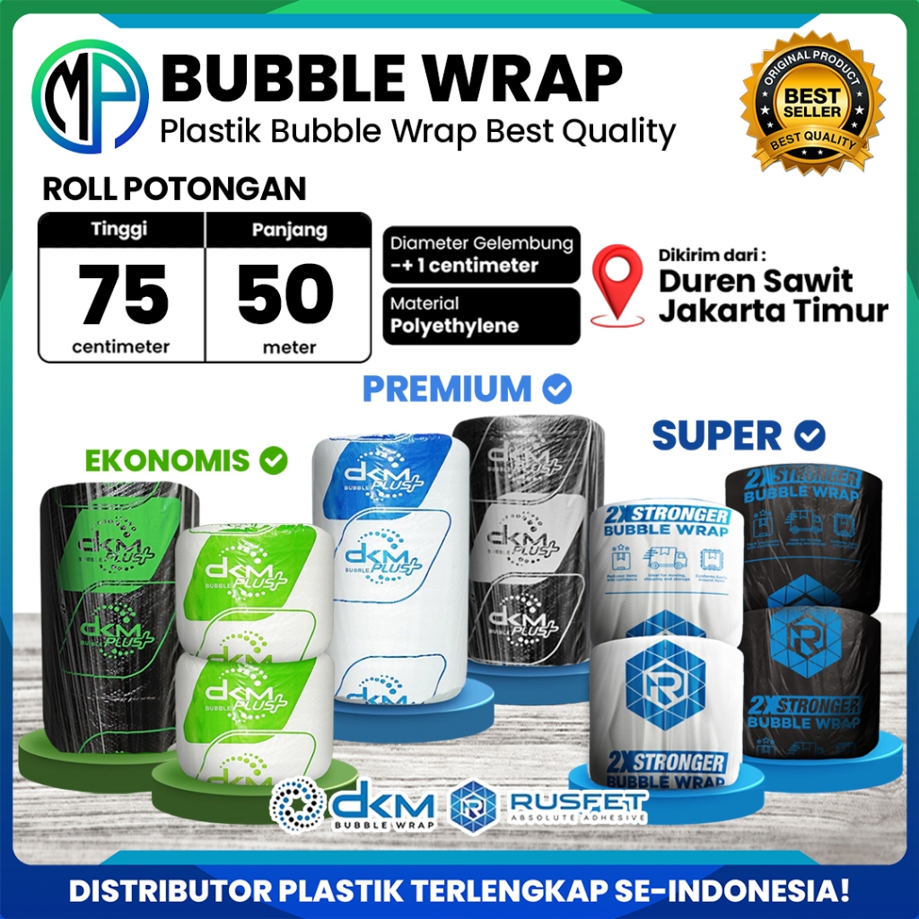 

Plastik Bubble Wrap DKM Roll 75cm x 50meter Bening Putih / Hitam Ekonomis Tebal Merek DKMPlus Rusfet