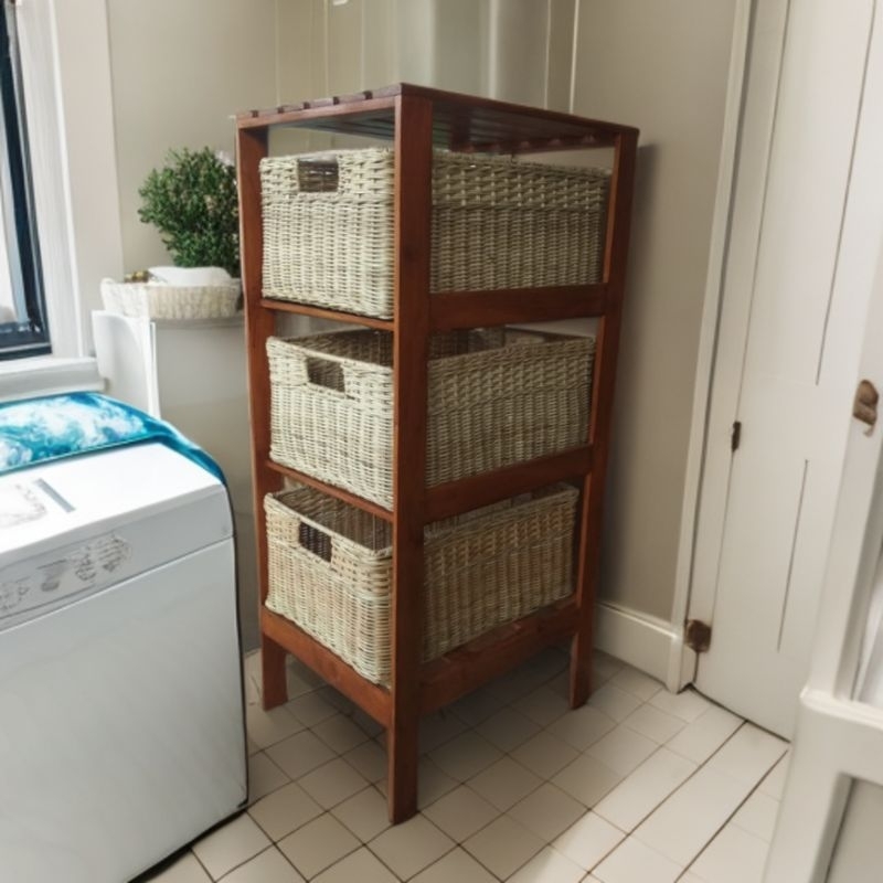 Valka Obyok Rack Laundry Basket Rak Keranjang Cuci Rotan Kayu Jati Asli