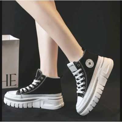 Sepatu Sneakers Hitam Putih Boots Sepatu Wanita Tinggi Sepatu Sneakers Casual Cewek Warna Hitam