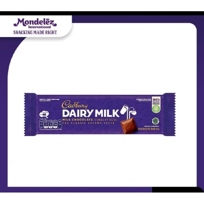 

Cadbury Coklat ukuran 62 gram x 30 pcs plain