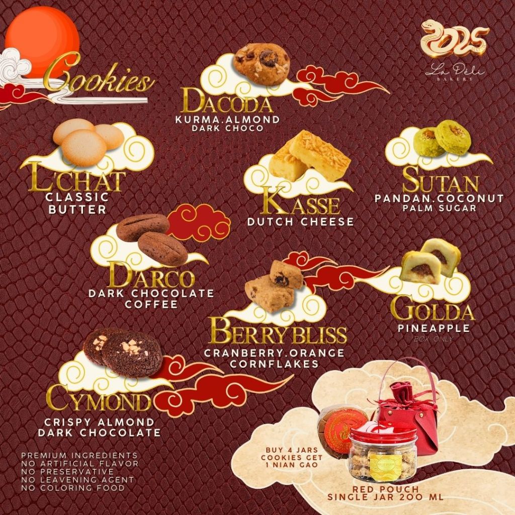 

Kue Kering Imlek Kopi Coklat Nastar Melted Nanas Berry Bliss Cranberry Orange Jeruk Pandan Kurma Crispy Almond Kastengel Sutan Berry Bliss Lidah Kucing