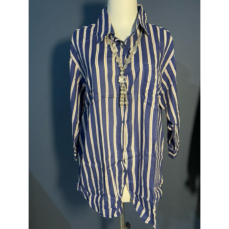 Kemeja wanita Garis Biru Lengan Panjang