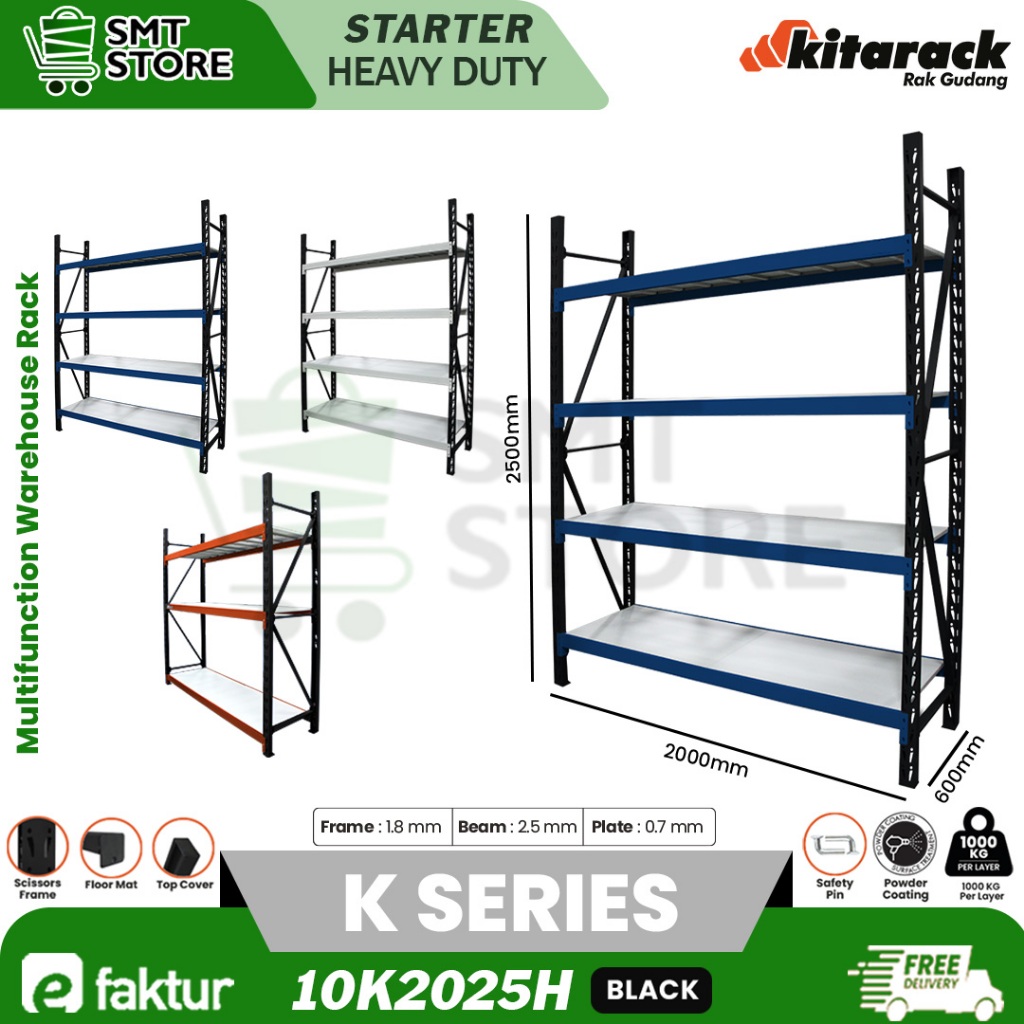 KITARACK Rak Gudang Besi 1 Ton 2.5 Meter Rak Gudang 3 Susun 1 Ton / Layer Hitam