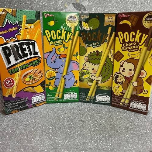 

GLICO Pocky Choco Banana Chocolate / Mango / Durian Flavored Biscuit Stick Coated / Pretz Biscuit Stick Tom Yum Kung Flavor / Snack Thailand / Pocky Thailand / Pretz Thailand