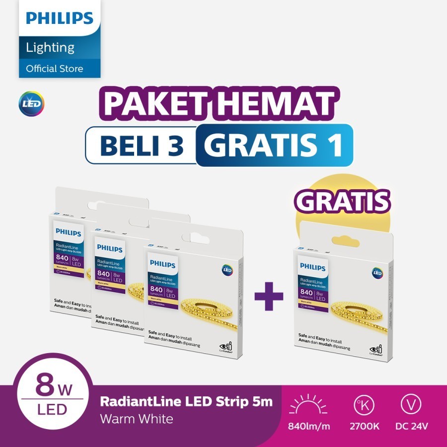 Philips Paket 3 Free 1 Radiantline LED Strip DLI320 5M 8W 2700K 24V Kuning Tanpa Trafo